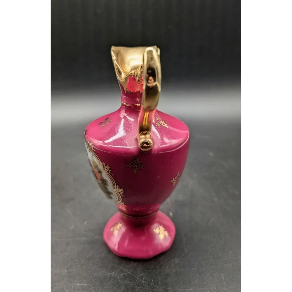 Limoges France Pitcher Fuchsia Pink Gold Fragonard Courting Couple Ewer